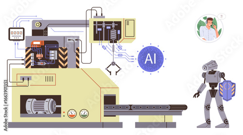 Advanced robotic arm, AI-connected machinery, humanoid robot, and engineer monitoring operations. Ideal for production, innovation, technology, AI application, machine learning robotics