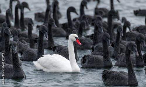 Fototapeta Naklejka Na Ścianę i Meble -  A lone white swan amidst a flock of black swans
