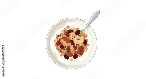Sketch-Style Illustration of Cereal with Yogurt, Berries and Nuts on a White Background offering a Healthy and Nutritious Food Choice