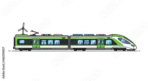 Sustainable railway transportation: A green electric train propelled by wind and solar energy symbolizes ecological awareness and eco friendly