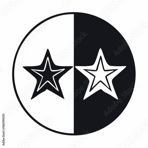 Elegant graphic with two minimalist star icons arranged horizontally in a circular divided frame, showcasing striking black and white contrast and symbolic duality in design