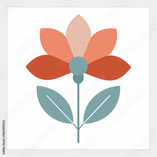 Minimalist retro-style flower vector, inspired by 1970s aesthetics. Features gracefully curved petals in muted terracotta and soft pastel hues, embodying a timeless, vintage design
