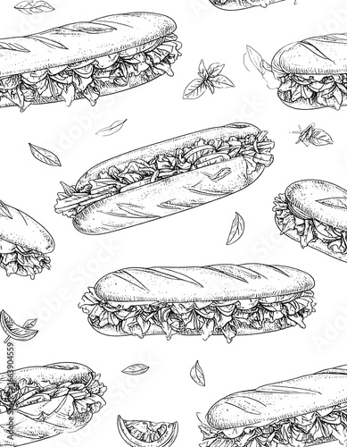 Hand-drawn sandwich pattern on white background