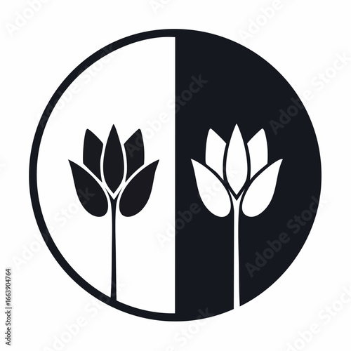Minimalist flower icons depicting a harmonious duality within a split circle, showcasing contrasting black and white botanical elements in a modern graphic design