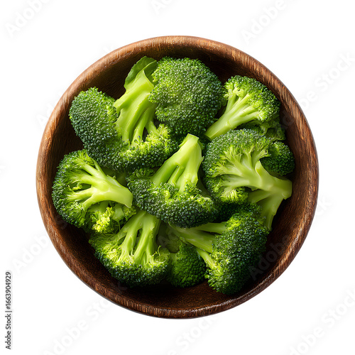 Overhead studio shot of fresh raw broccoli florets in a wooden bowl on black background