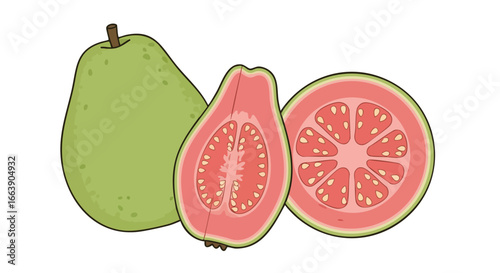 Vibrant Guava Still Life Depicting Whole, Halved, and Sliced Fruit Revealing Pink Flesh and Seeds with Artistic Flair