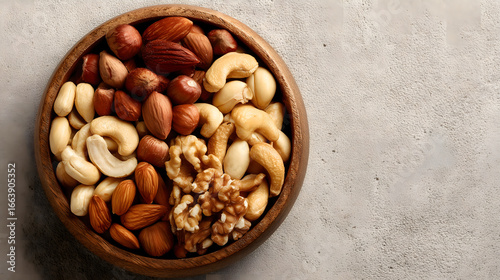 Assorted Mixed Nuts in Wooden Bowl - Almonds, Walnuts, Cashews and Pistachios