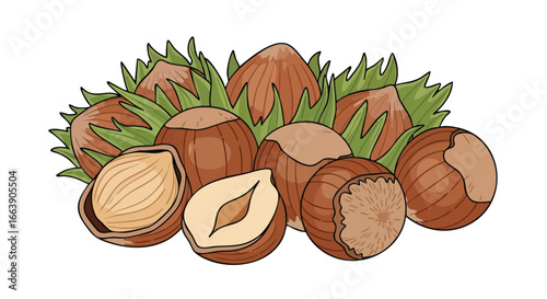 Hand-Drawn Composition of Hazelnuts with Leaves, Illustration for Natural Food and Ingredients Designs, Health Benefits Portrayal of Hazelnuts