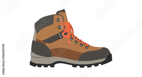 Cartoon Illustration of a Sturdy Hiking Boot with Orange Laces, Ready for Outdoor Adventures and Explorations for Wilderness Trails and