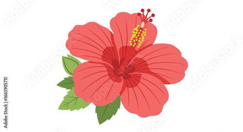 A vivid illustration showcasing a red hibiscus bloom with verdant leaves against a blank backdrop offering tropical allure and natural simplicity