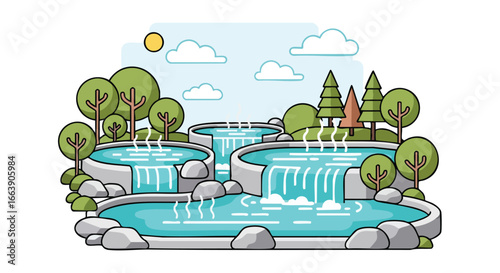 Serene stylized cascade vector illustration embodying tranquility and wellness retreat experience, featuring tiered pools and verdant trees