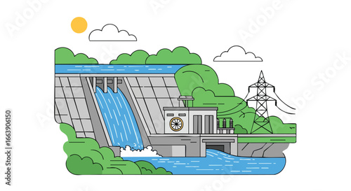 Sustainable Energy Solution: Illustration of Hydroelectric Dam Powering a Green Future with Clean Energy Production and Environmental Harmony