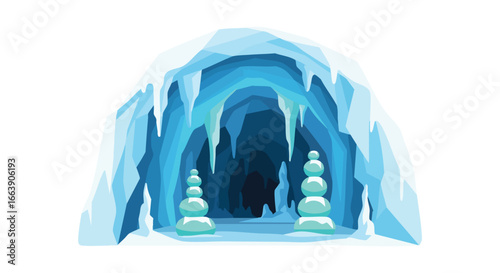 Icy cave entrance illustration with stalactites and stylized stone pillars, inviting journey