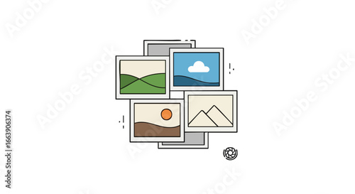 Collage of framed landscape photos evokes a sense of adventure and reminiscing fond travel memories through captured moments of nature's beauty and