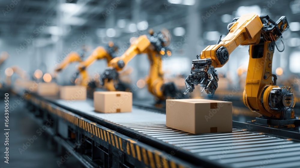 Fototapeta premium Industrial Automation with Robotic Arms in a Modern Warehouse Processing Packages Efficiently