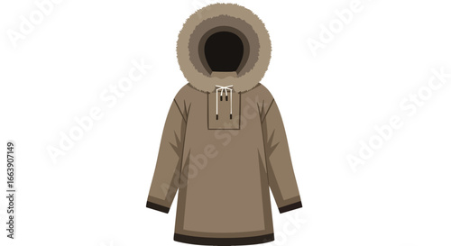 Isolated cartoon illustration of a traditional winter parka coat with a fur-trimmed hood featuring toggle fastenings for cold weather conditions