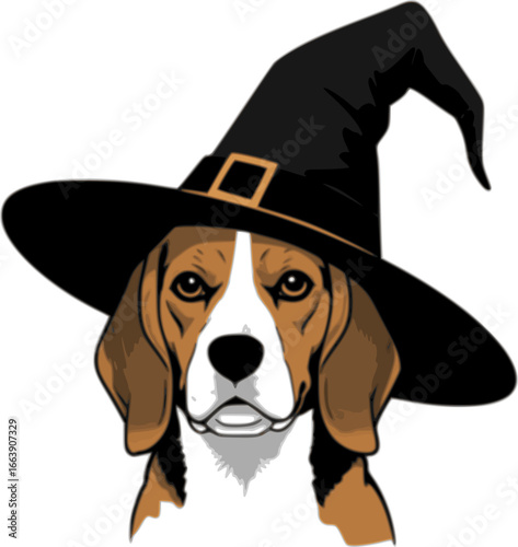Beagle Dog in Witch Hat for Halloween vector silhouette illustration isolated on white background 