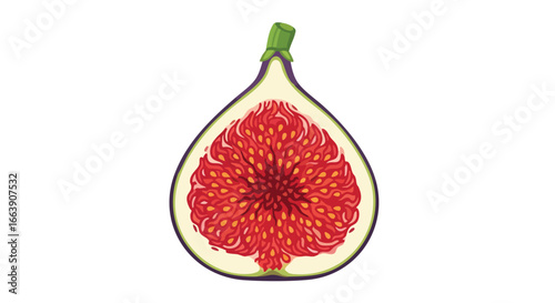 Captivating close-up of a halved fig, showcasing its intricate internal structure and vibrant reddish-pink pulp against a clean white background