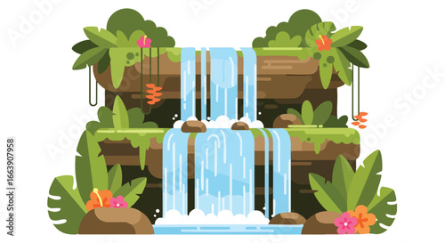 Captivating waterfall cascade with tropical foliage in a lush and vibrant illustration creating serene scene perfect for nature themes