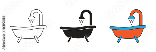 A clawfoot bathtub with a showerhead and flowing water. Represents bathing, relaxation, and classic bathroom design.