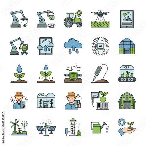A collection of illustrated icons depicting modern agricultural technology and farming processes.