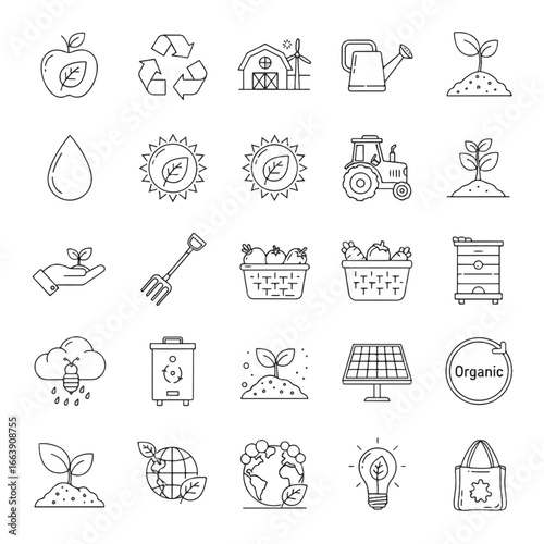 A collection of line art icons representing themes of sustainability, agriculture, environmental awareness, and organic farming practices.