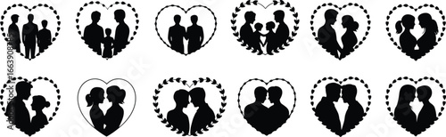 Silhouette couples and families in decorative heart shapes, romantic love, parent child bond, relationship icons, vector illustration, affection, connection, togetherness