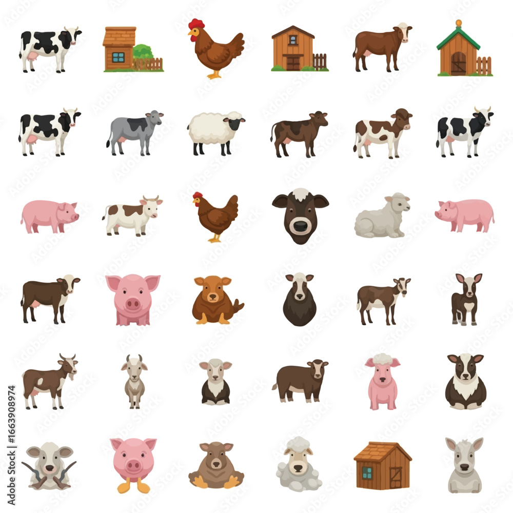 Fototapeta premium Collection of cartoon farm animals and barns, illustrating various livestock and rural structures.