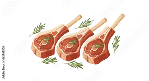Elegant lamb chop presentation with rosemary sprigs on pristine white background, a culinary delight