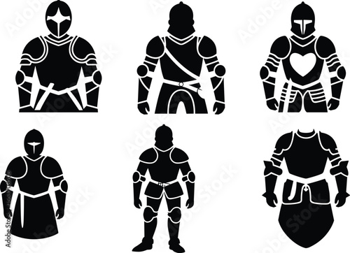 Medieval knight armor silhouette set, black and white vector illustration, historical warrior design elements, flat pictogram collection, isolated battle costume graphic icons
