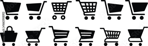 Shopping cart and basket icon set, black and white vector symbols, retail and e‑commerce design elements, flat silhouette pictogram collection, isolated