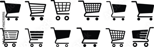 Shopping cart icons, e‑commerce basket symbols, retail trolley designs, online store graphics, supermarket pushcart vector set, checkout basket outline art, cad drawing flat vector