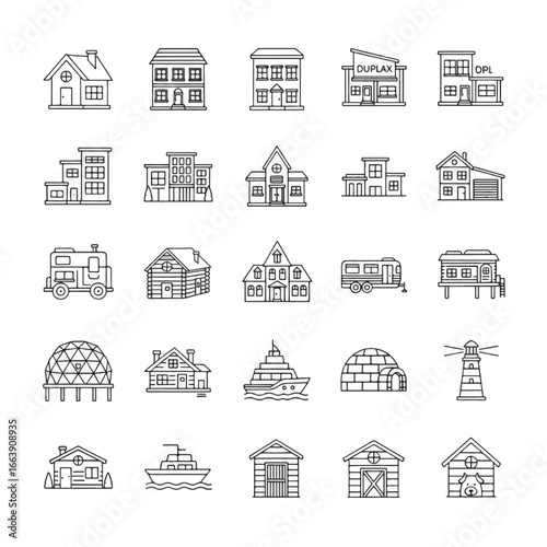 A collection of diverse house and building line drawings, showcasing various architectural styles and dwelling types.
