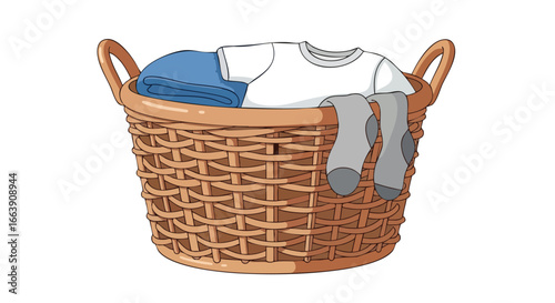 Charming Wicker Laundry Basket Overflowing with Freshly Cleaned Clothes, a Symbol of Domesticity and Comfort in an Organized Home Scene