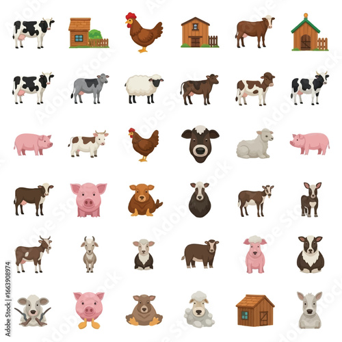 Collection of cartoon farm animals and barns, illustrating various livestock and rural structures.