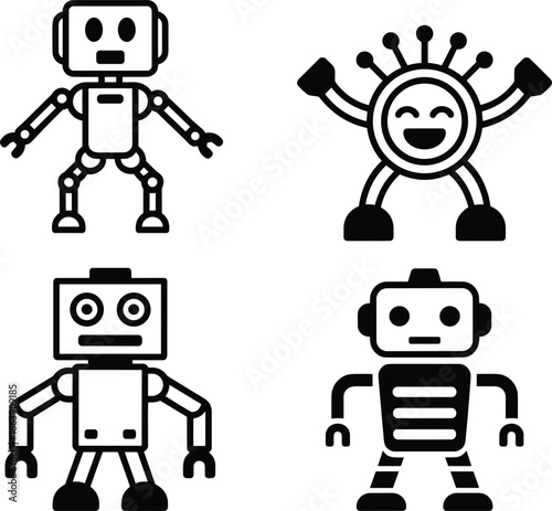 black and white cartoon robot characters set, retro and modern mechanical droid designs, vector illustration, technology, artificial intelligence, robotics, automation, sci‑fi concept