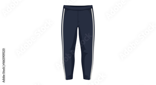 A pair of casual navy blue sweatpants with sporty white stripes for comfortable and fashionable wear for athletics and everyday style