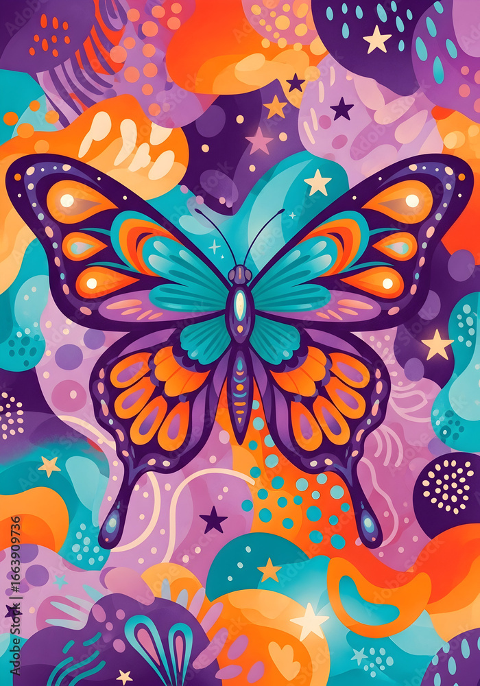 Fototapeta premium Psychedelic butterfly wall art with vibrant patterned wings, glowing stars, and colorful abstract fantasy background illustration
