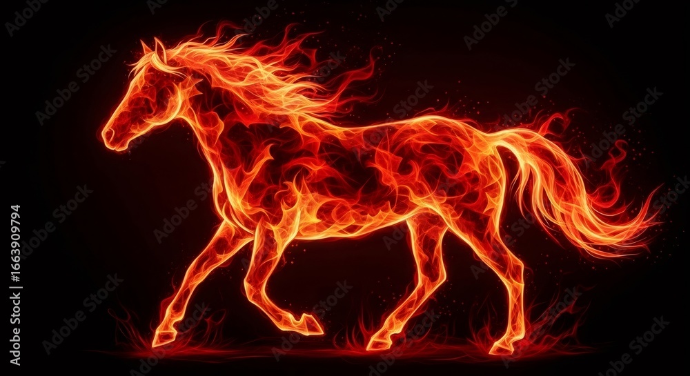 Fototapeta premium Fiery horse galloping with bright red and orange flames on a dark background. Dynamic chinese new year 2026 horoscope animal.