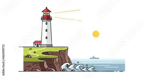 Coastal beacon overseeing maritime traffic with gentle waves and sun-kissed ocean landscape, providing safety for vessels, maritime landmark