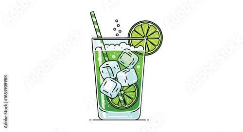 Refreshing Limeade Illustration with Ice Cubes and Striped Straw for Summer Mocktail Joy, Ready to Refresh, Minimalist Design in Green and White Hues