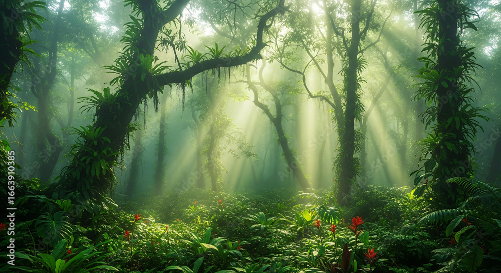 Obraz premium Sunlight streams through lush rainforest, creating a vibrant, ethereal scene with towering trees and exotic plants, evoking tranquility