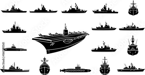 Diverse warships and naval vessels safeguarding maritime borders, ensuring national security and projecting power in the vast ocean collection white background