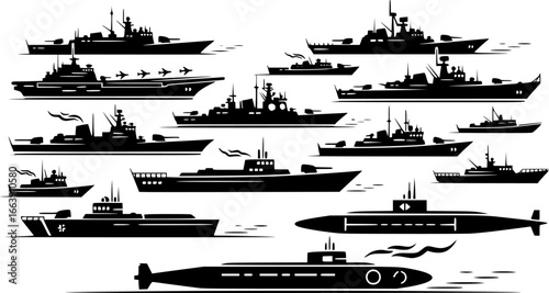 Diverse warships and naval vessels safeguarding maritime borders, ensuring national security and projecting power in the vast ocean collection white background