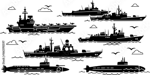 Diverse warships and naval vessels safeguarding maritime borders, ensuring national security and projecting power in the vast ocean collection white background