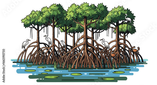 Illustrative Mangrove Ecosystem Depicting Aquatic Flora, Fauna and Complex Root Systems With Diverse Wildlife