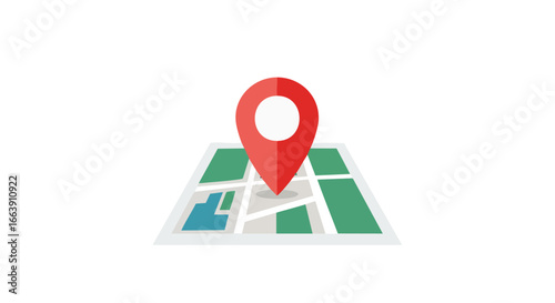 Graphic illustration of a map with a prominent red marker indicating a specific location for navigation purposes and travel applications