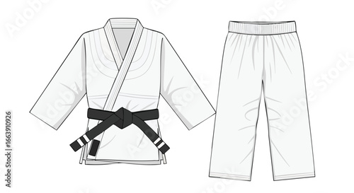 Clean illustration of a Karate gi and pants, showcasing martial arts attire in a simplistic and graphic manner for sportswear and combat illustration