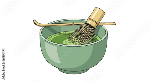 Serene matcha preparation scene with traditional bamboo whisk and scoop capturing the essence of japanese tea ceremony anticipation