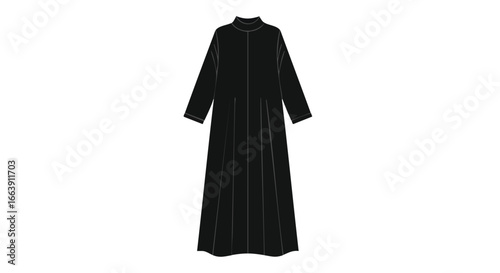 Elegant black modest dress fashion illustration with clean lines and flowing design for contemporary style apparel presentation